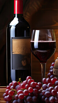Butelka wina z kieliszkiem obok winogron