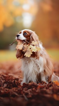 Cavalier king charles spaniel z gałązką w mordce