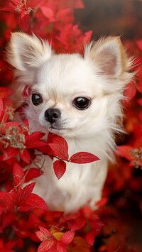 Chihuahua pośród czerwonych liści