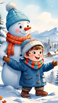 Chłopiec i bałwanek w czapce i szaliku