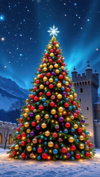 Choinka udekorowana bombkami na dziedzińcu w zimową noc