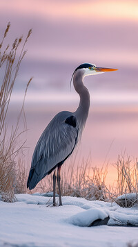 Czapla na śniegu nad jeziorem