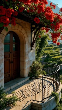 Czerwone pnące kwiaty nad balkonem