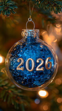 Data 2026 na niebieskiej bombce zawieszonej na choince