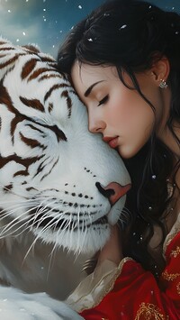 Długowłosa kobieta przytulona do głowy białego tygrysa