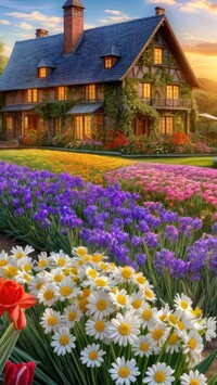Dom i kolorowe kwiaty na rabatach w ogrodzie