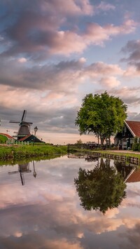 Dom i wiatrak nad kanałem w Zaandam