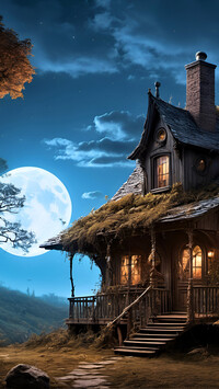 Dom z rozświetlonymi oknami i księżyc w tle