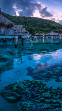 Domki na palach na brzegu Oceanu Spokojnego w Tahiti
