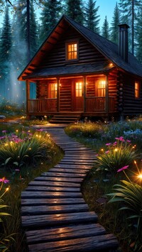 Drewniana ścieżka i oświetlony domek