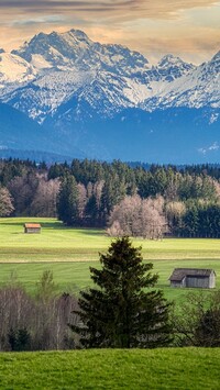 Drewniane szopy na polu i widok na Alpy