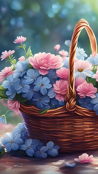 Drobne różowe i niebieskie kwiaty w koszyku