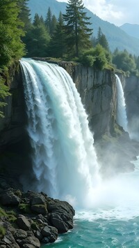 Drzewa i wodospady spływające po skałach do rzeki