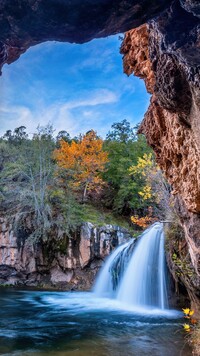 Drzewa na skałach przy wodospadzie Fossil Creek Waterfall