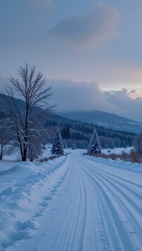 Drzewa przy zaśnieżonej drodze