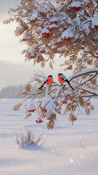 Dwa gile na ośnieżonych gałązkach jarzębiny