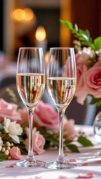 Dwa kieliszki z winem i róże na stole