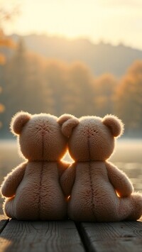 Dwa misie siedzące na pomoście nad jeziorem