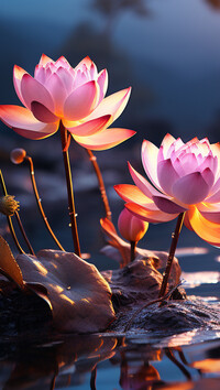 Dwa rozświetlone lotosy z pąkami w wodzie