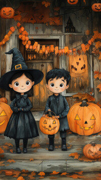 Dwoje dzieci i dynie przed domem