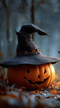 Dynia na liściach w kapeluszu na Halloween