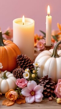 Dynie i zapalone świece wśród kwiatów i szyszek