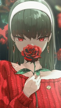 Dziewczyna w czerwonym swetrze z różą w anime