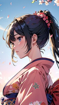Dziewczyna w kimonie na tle nieba w anime