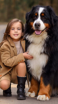 Dziewczynka i berneński pies pasterski