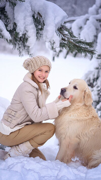 Dziewczynka i golden retriever po ośnieżonymi gałązkami