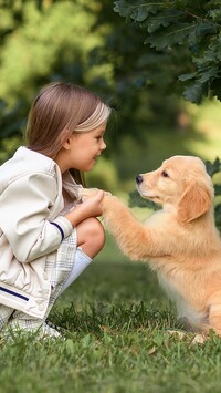 Dziewczynka i szczeniak golden retriever na trawie