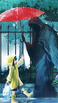 Dziewczynka obok demona z parasolem