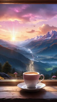 Filiżanka kawy na parapecie okna z widokiem na góry