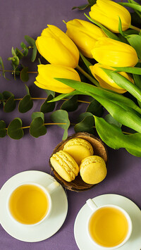 Filiżanki herbaty i makaroniki obok żółtych tulipanów