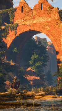 Geralt na koniu w zamkowych ruinach