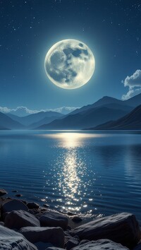 Góry i jezioro w blasku księżyca w pełni
