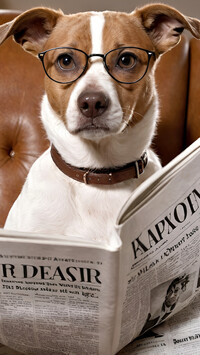 Jack Russell terrier w okularach z gazetą