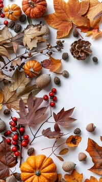 Jesienne liście klonu i małe dynie na białym tle