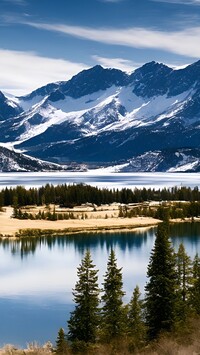 Jezioro w dolinie z widokiem na ośnieżone góry