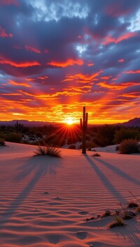Kaktusy na pustyni pod kolorowym niebem zachodzącego słońca