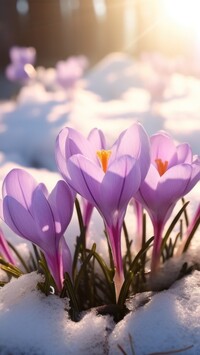 Kępka fioletowych krokusów w śniegu