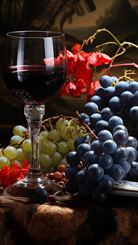 Kieliszek z czerwonym winem obok winogron