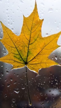 Klonowy liść w kroplach deszczu na szybie