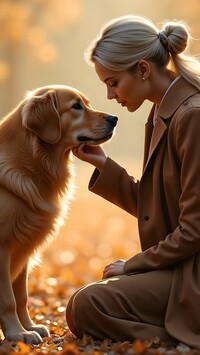 Kobieta i golden retriever siedzący na opadłych liściach