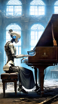 Kobieta robot grająca na fortepianie