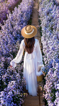 Kobieta w białej sukience i kapeluszu na plantacji kwiatów
