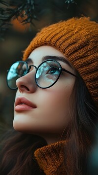 Kobieta w brązowej czapce i golfie w okularach