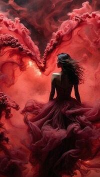 Kobieta w sukni otoczona czerwonym dymem