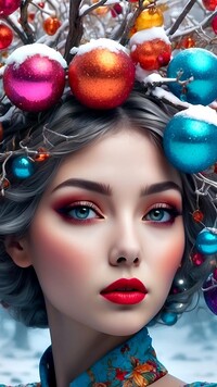 Kobieta z kolorowymi bombkami na głowie