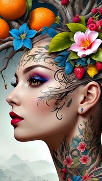 Kobieta z tatuażem i kwiatami na głowie